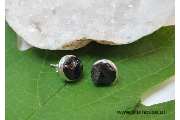 Ohrstecker Edel-Schungit mit Silberfassung, Natur, 10mm